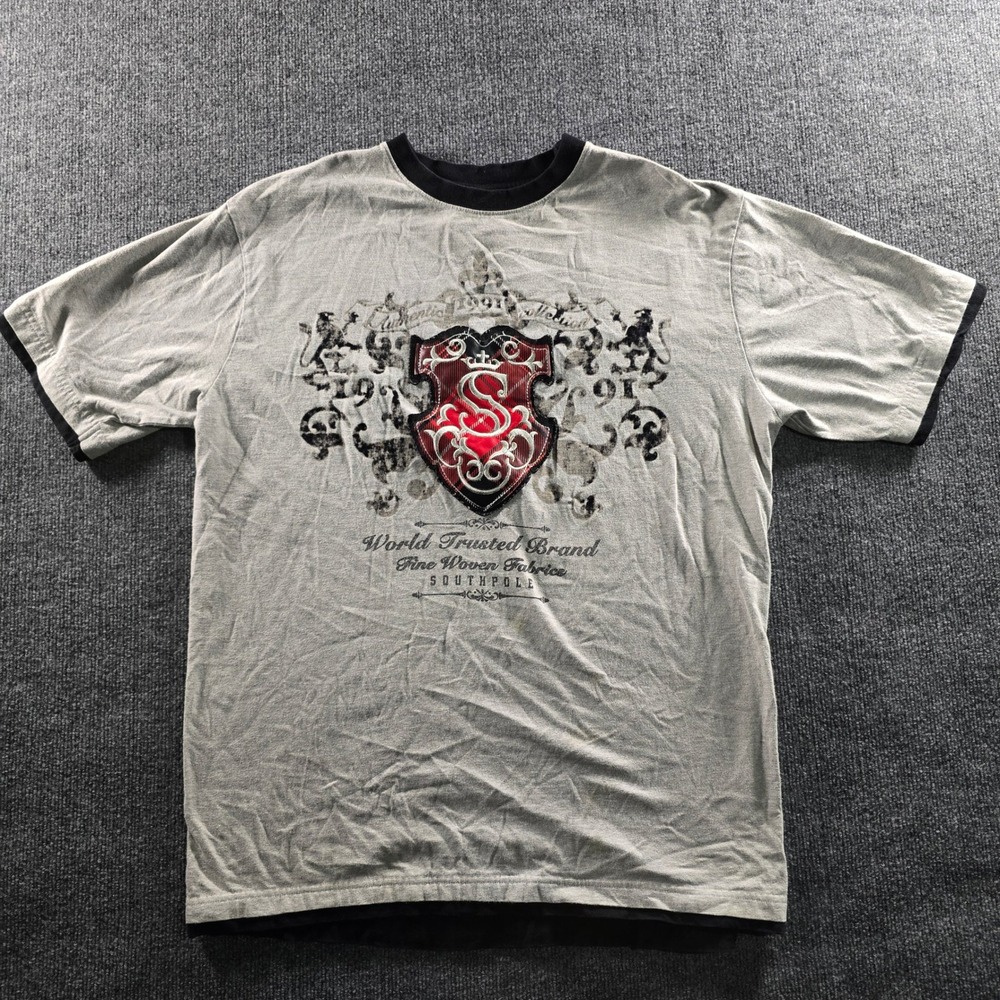 Southpole Mens XXL Gray Graphic T-Shirt Plaid Crest Ringer Tee Streetwear